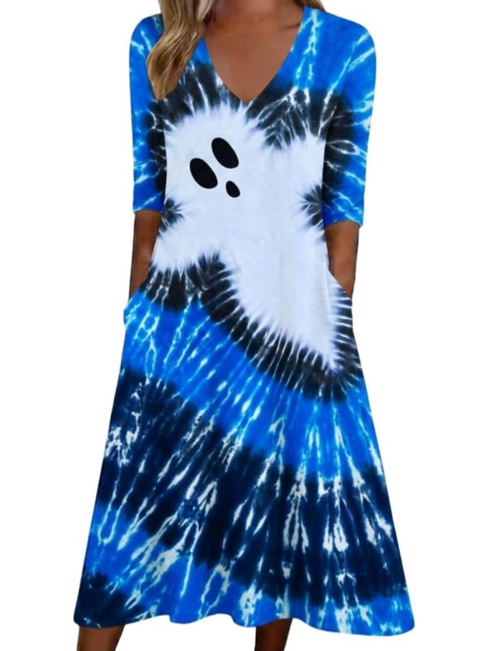 🆕 Women's Halloween Blue Tie Dye Ghost Dress Face Graphic V-Neck Pockets